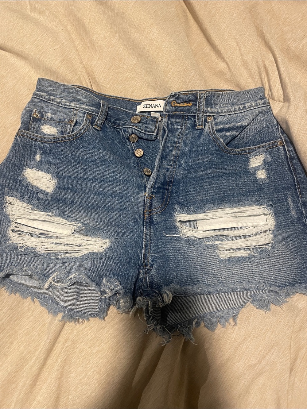 Zenana Outfitters Distressed Light Blue High-Waist Denim Shorts